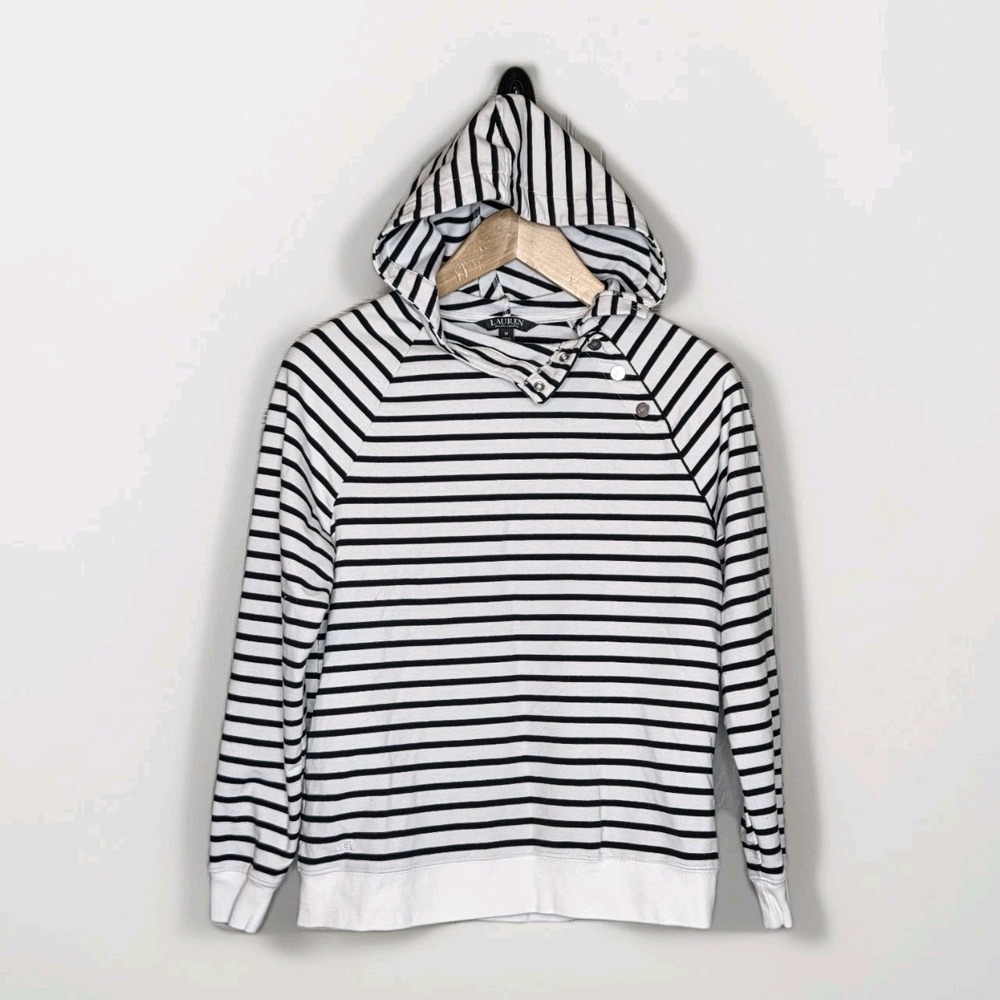 Lauren Ralph Lauren Black Label White Striped Hooded Nautical Sweatshirt‎ Medium